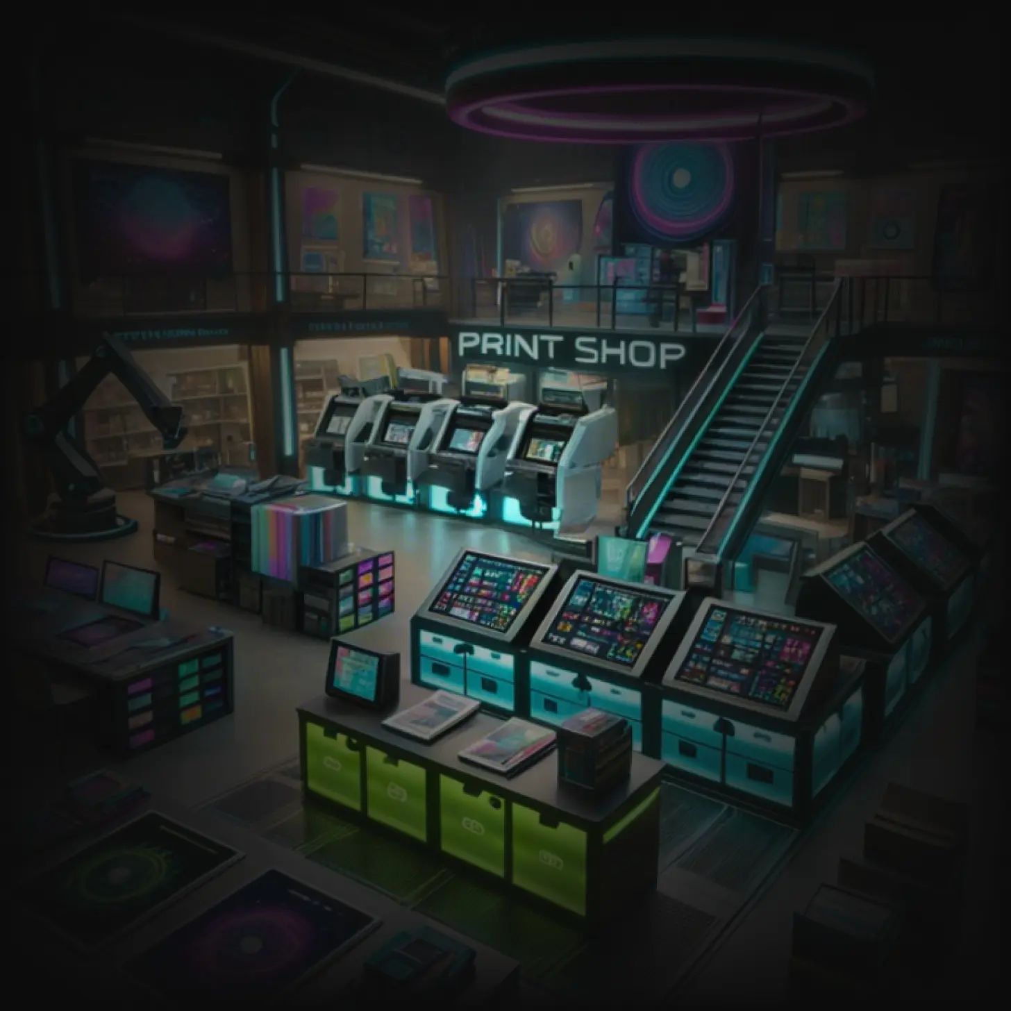 A dimly lit interior of a print shop with multiple printing machines, colorful supply bins, digital control panels, and a "PRINT SHOP" sign illuminated with neon-style lighting.
