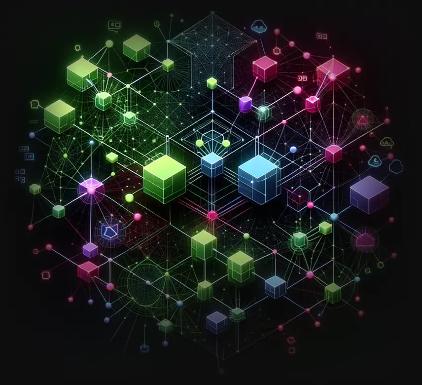 An abstract 3D visualization of interconnected data cubes and nodes in green, blue, pink, and purple, forming a complex network structure against a dark background.